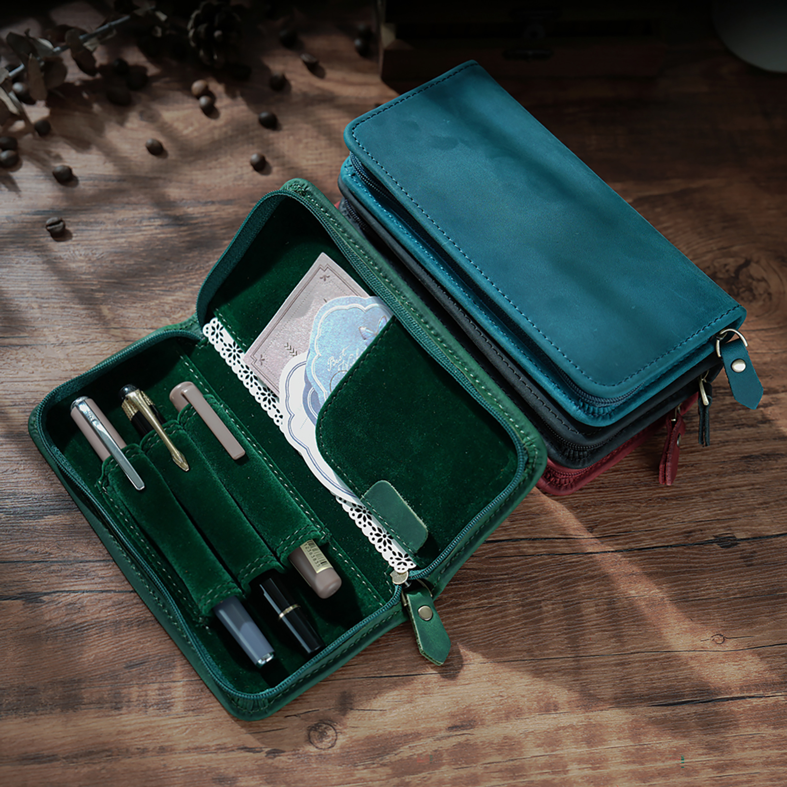 Pen Pouch Roll - Genuine Leather Zipper Pencil Case Multi-functional